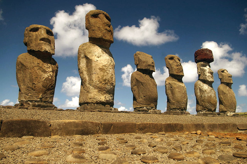 Six of the moai of an ahu (altar) in the Rapa Nui National Park on Isla de Pascua